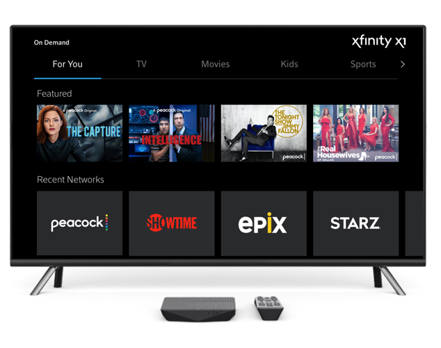 Xfinity X1 on TV showing The Capture, Intelligence, The Tonight Show, and The Real Housewives of Dallas with remote
